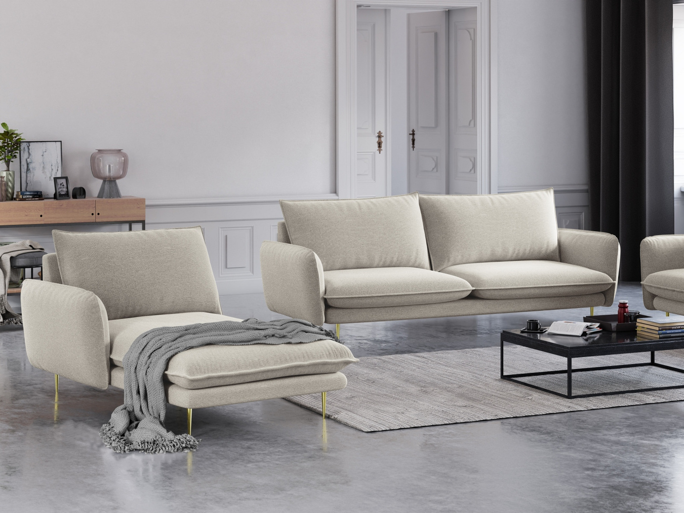 Cosmopolitan Design vasenkätinen divaani, "Vienna", 1-istuttava, 110 × 170 × 95 cm, Positano, kullanväriset metallijalat