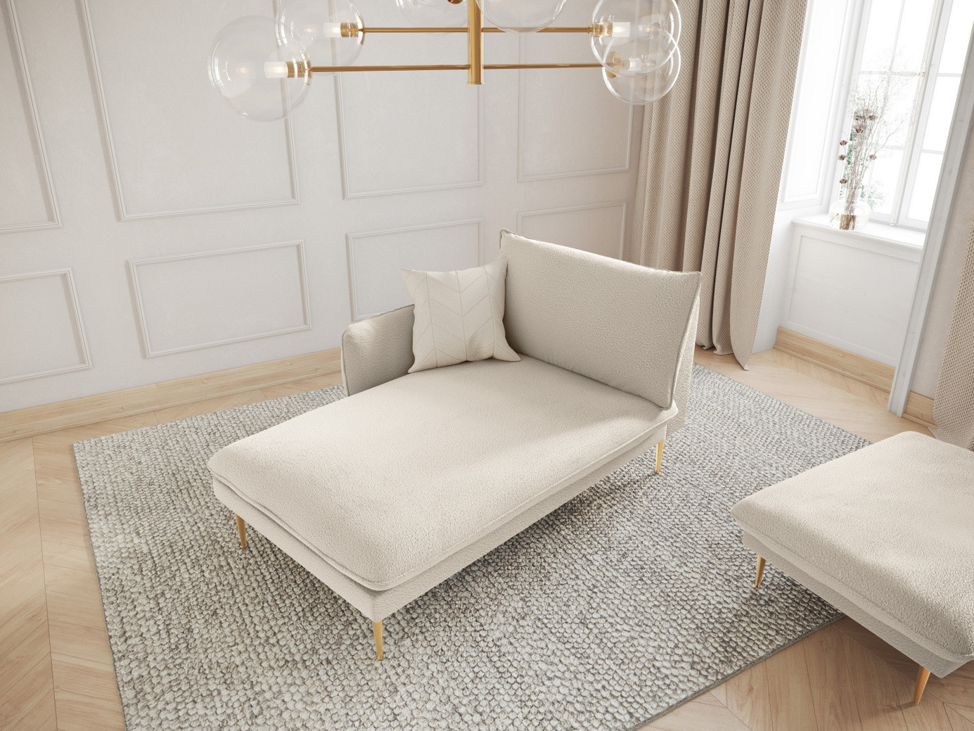 Cosmopolitan Design vasenkätinen bouclé-divaani, "Vienna", 1-istuttava, 110 × 170 × 95 cm, Ascot, kullanväriset metallijalat