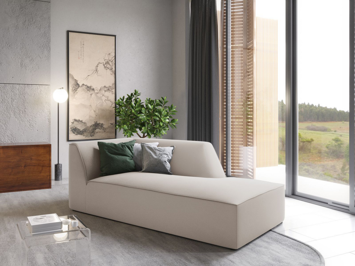 Cosmopolitan Design oikeakätinen samettidivaani, "Siena", 1-istuttava, 93 × 181 × 69 cm, Salvador, mustat muovijalat