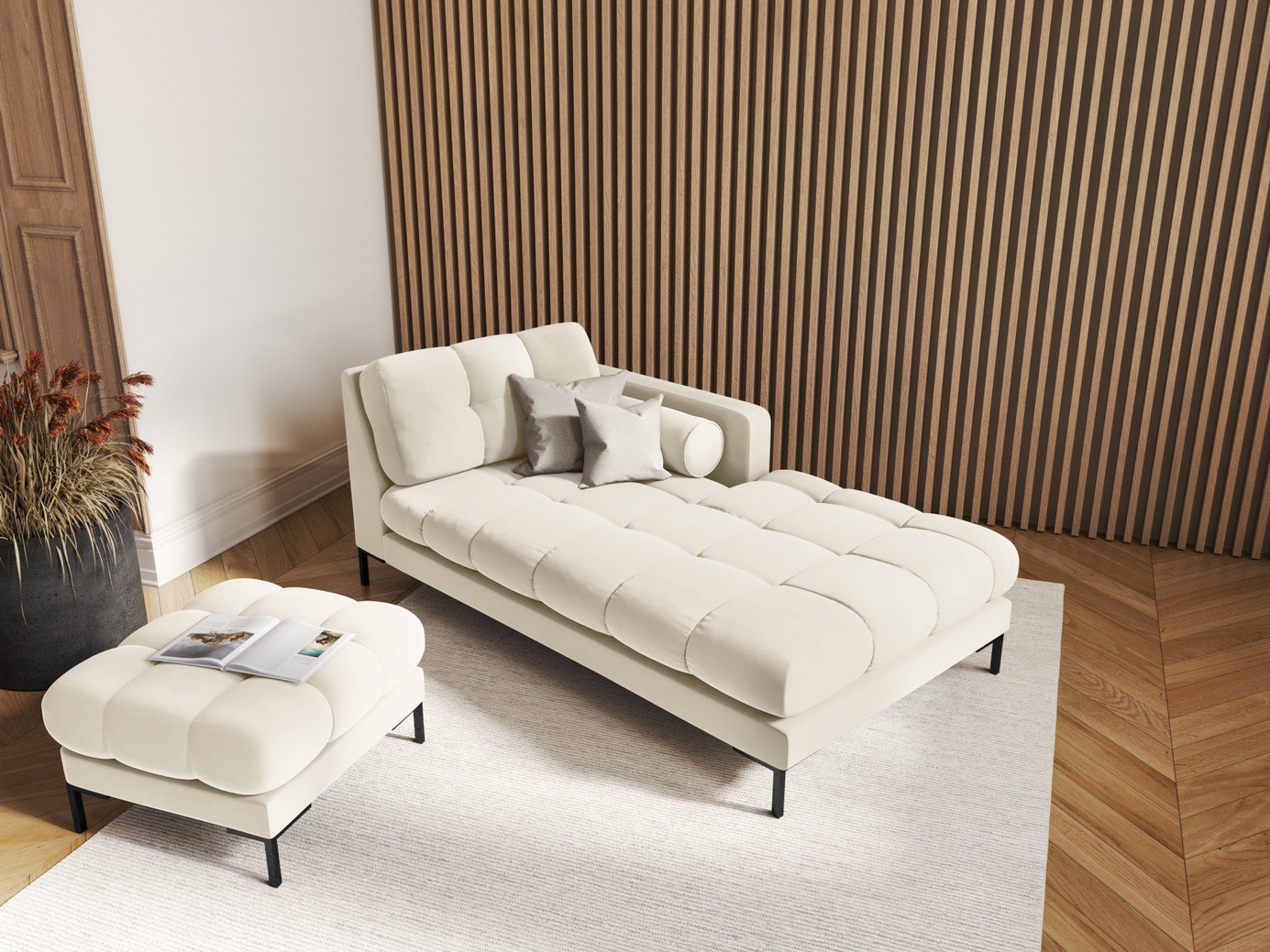Cosmopolitan Design oikeakätinen samettidivaani, "Bali", 1-istuttava, 102 × 185 × 75 cm, Bluvel, mustat metallijalat