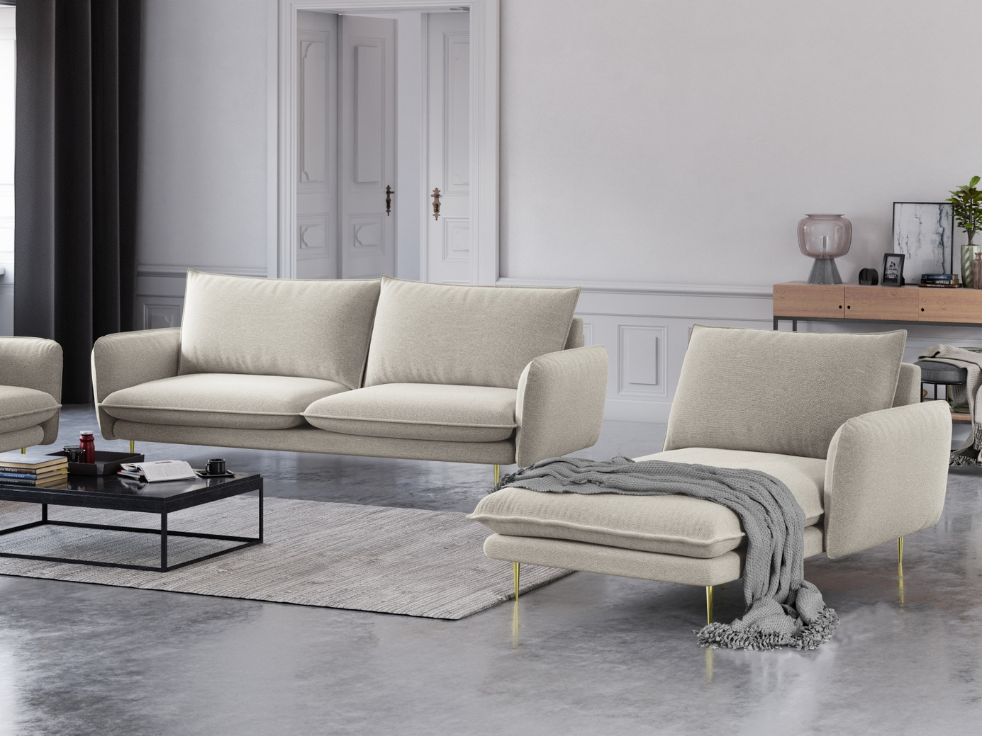 Cosmopolitan Design oikeakätinen divaani, "Vienna", 1-istuttava, 110 × 170 × 95 cm, Positano, kullanväriset metallijalat