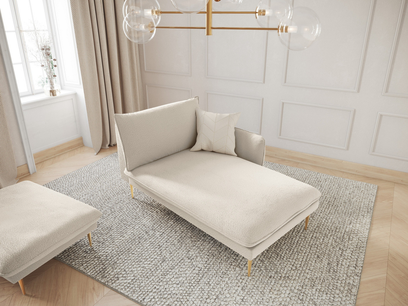 Cosmopolitan Design oikeakätinen bouclé-divaani, "Vienna", 1-istuttava, 110 × 170 × 95 cm, Ascot, kullanväriset metallijalat