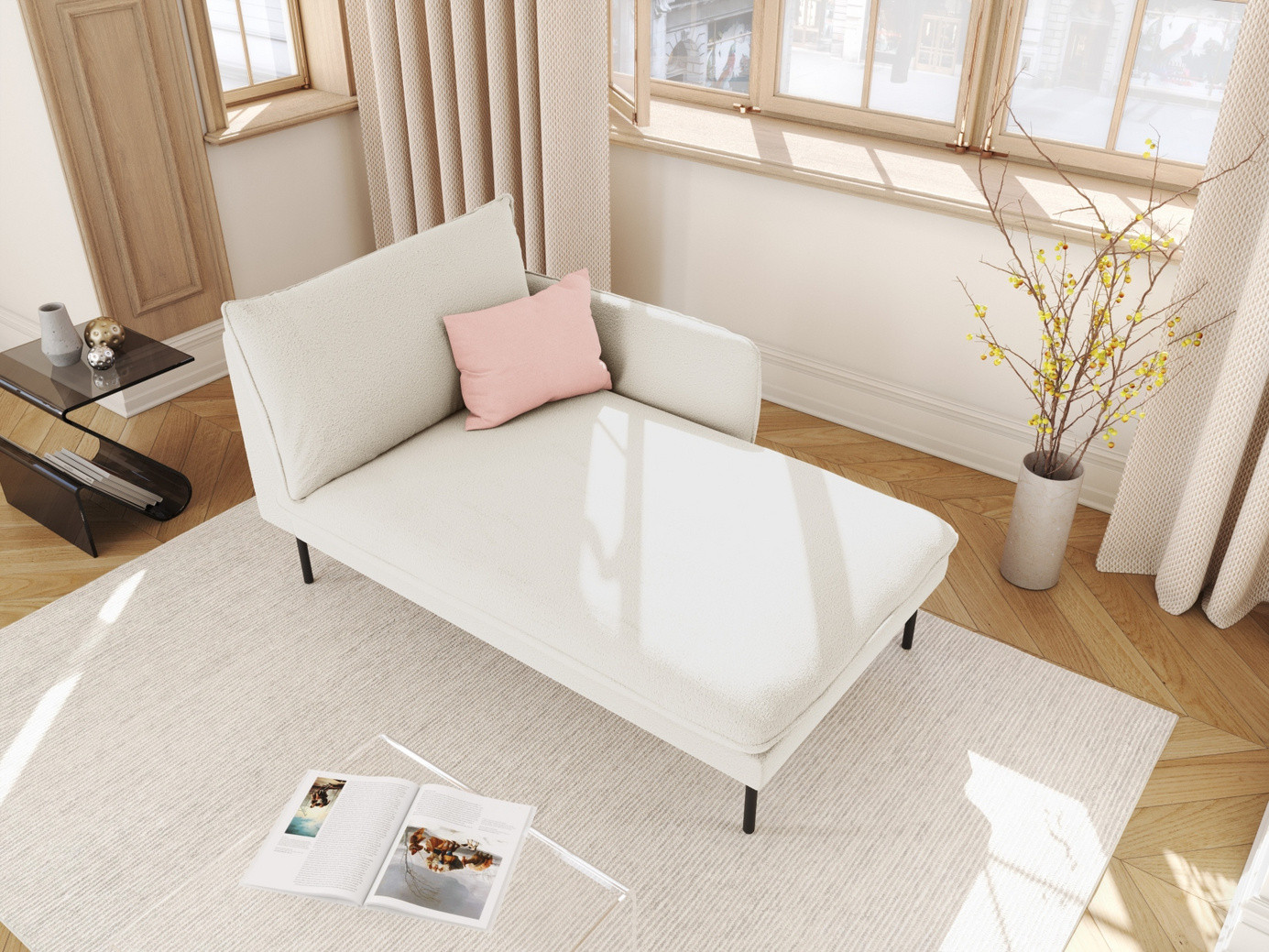 Cosmopolitan Design oikeakätinen bouclé-divaani, "Vienna", 1-istuttava, 110 × 170 × 95 cm, Ascot, mustat metallijalat
