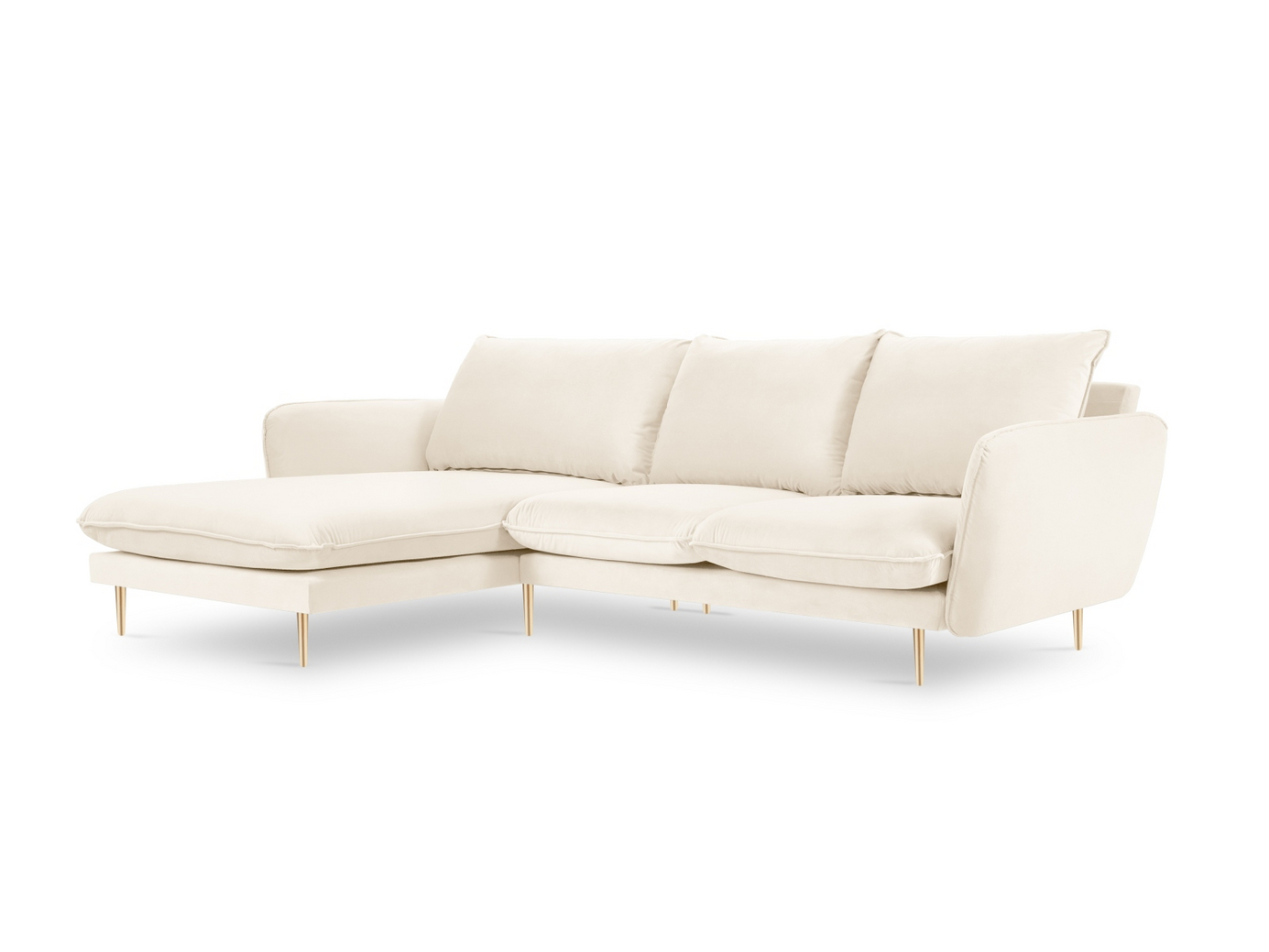 Cosmopolitan Design vasenkätinen samettikulmasohva, "Vienna", 5-istuttava, 255 × 170 × 95 cm, Bluvel, kullanväriset metallijalat