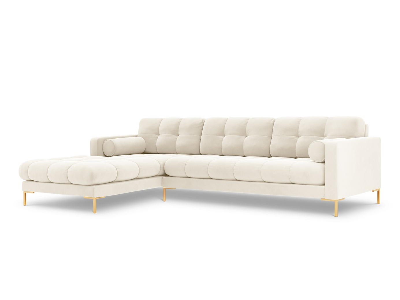 Cosmopolitan Design vasenkätinen samettikulmasohva, "Bali", 5-istuttava, 293 × 185 × 75 cm, Bluvel, kullanväriset metallijalat