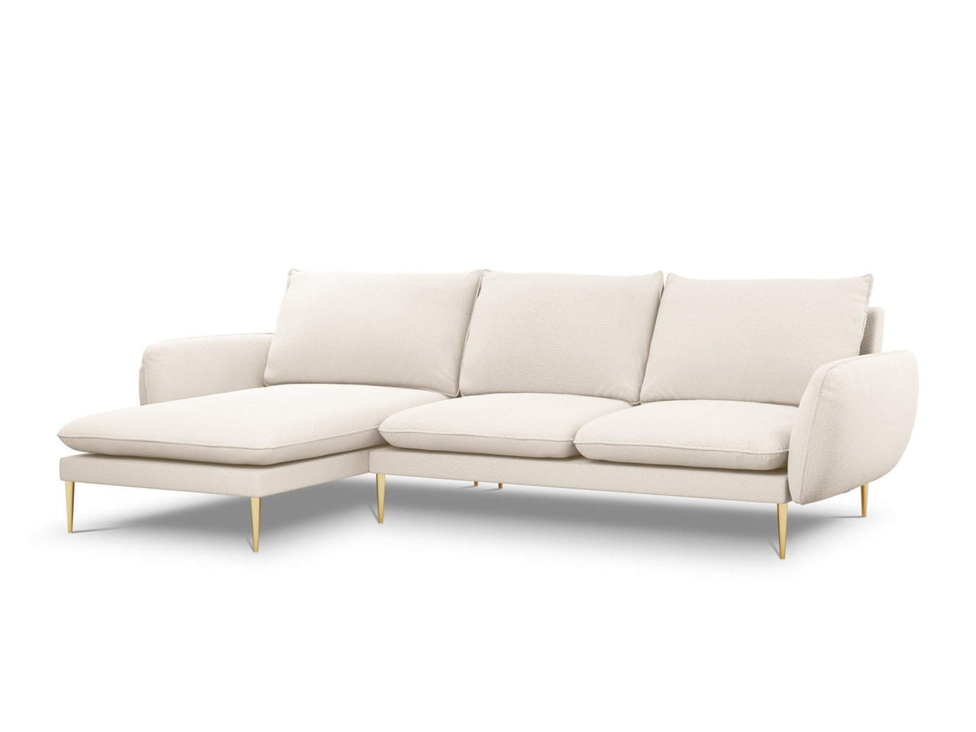 Cosmopolitan Design vasenkätinen bouclé-kulmasohva, "Vienna", 5-istuttava, 255 × 170 × 95 cm, Ascot, kullanväriset metallijalat