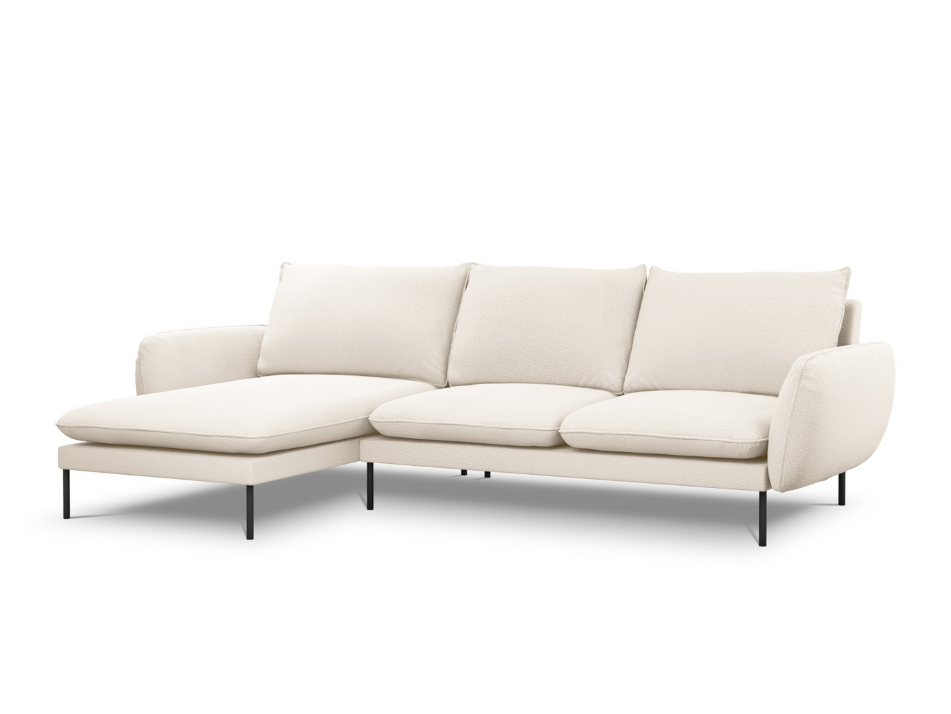 Cosmopolitan Design vasenkätinen bouclé-kulmasohva, "Vienna", 5-istuttava, 255 × 170 × 95 cm, Ascot, mustat metallijalat