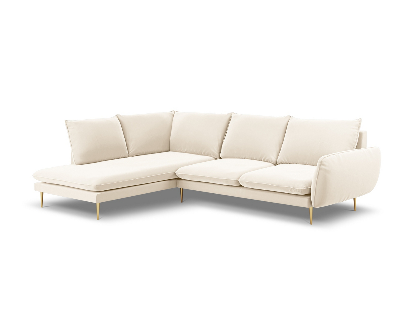 Cosmopolitan Design vasenkätinen samettikulmasohva, "Vienna", 6-istuttava, 275 × 185 × 95 cm, Bluvel, kullanväriset metallijalat