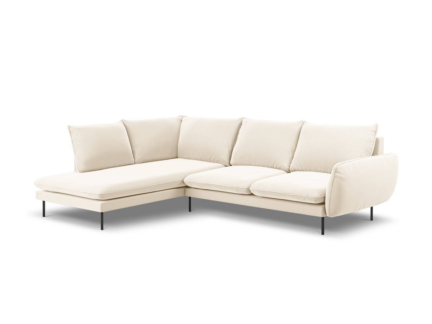 Cosmopolitan Design vasenkätinen samettikulmasohva, "Vienna", 6-istuttava, 275 × 185 × 95 cm, Bluvel, mustat metallijalat