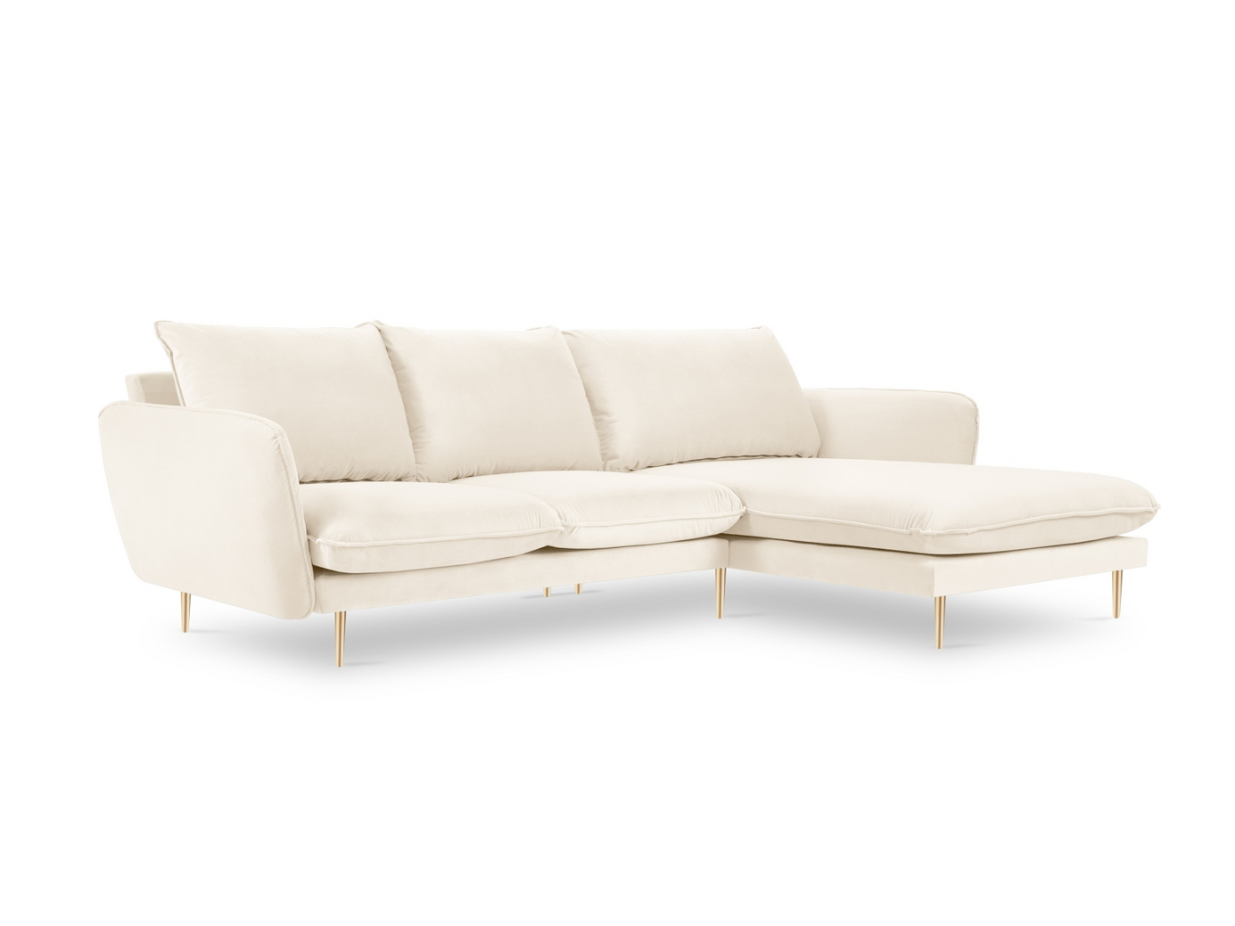 Cosmopolitan Design oikeakätinen samettikulmasohva, "Vienna", 5-istuttava, 255 × 170 × 95 cm, Bluvel, kullanväriset metallijalat