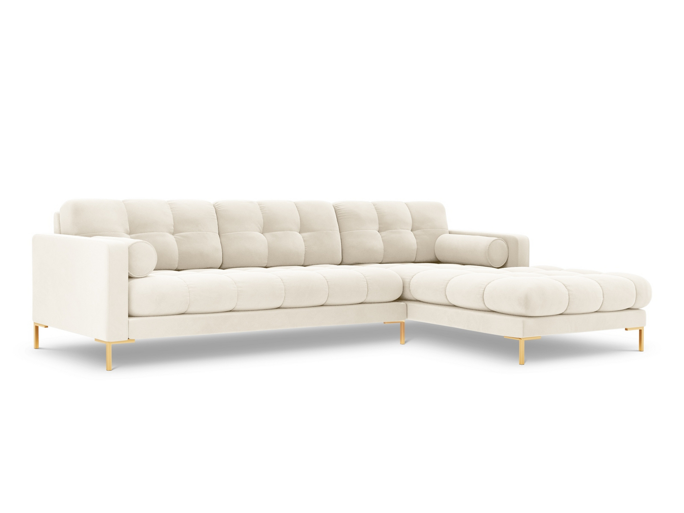 Cosmopolitan Design oikeakätinen samettikulmasohva, "Bali", 5-istuttava, 293 × 185 × 75 cm, Bluvel, kullanväriset metallijalat