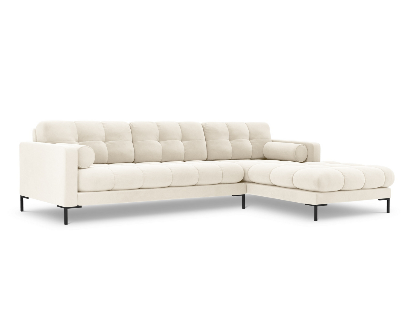 Cosmopolitan Design oikeakätinen samettikulmasohva, "Bali", 5-istuttava, 293 × 185 × 75 cm, Bluvel, mustat metallijalat