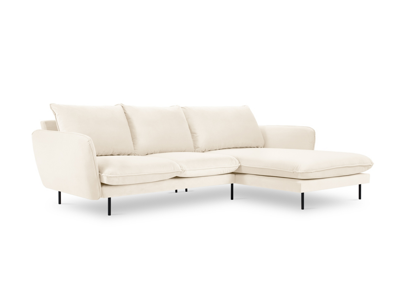 Cosmopolitan Design oikeakätinen samettikulmasohva, "Vienna", 5-istuttava, 255 × 170 × 95 cm, Bluvel, mustat metallijalat
