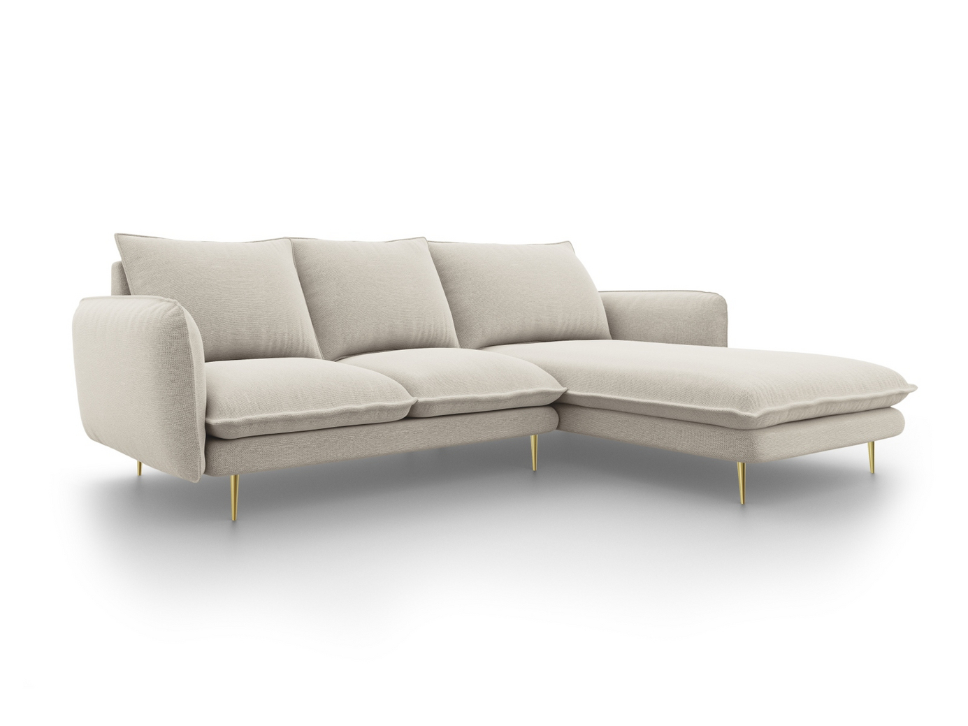 Cosmopolitan Design oikeakätinen kulmasohva, "Vienna", 5-istuttava, 255 × 170 × 95 cm, Positano, kullanväriset metallijalat