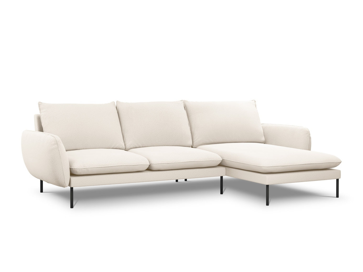 Cosmopolitan Design oikeakätinen bouclé-kulmasohva, "Vienna", 5-istuttava, 255 × 170 × 95 cm, Ascot, mustat metallijalat