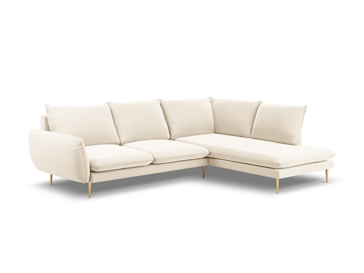 Cosmopolitan Design oikeakätinen samettikulmasohva, "Vienna", 6-istuttava, 275 × 185 × 95 cm, Bluvel, kullanväriset metallijalat