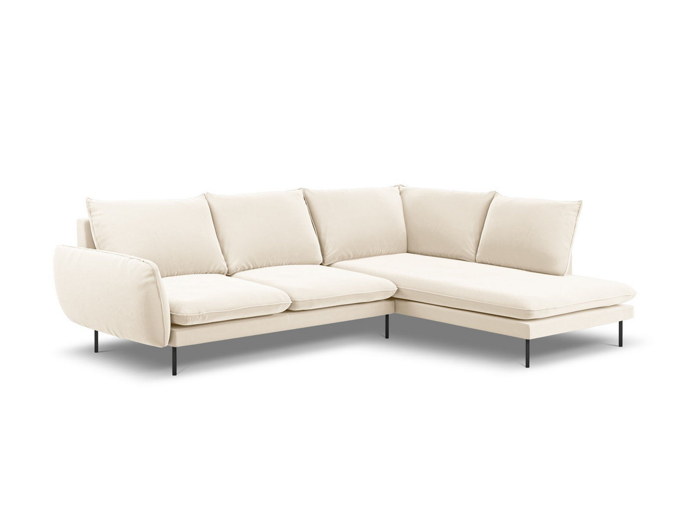 Cosmopolitan Design oikeakätinen samettikulmasohva, "Vienna", 6-istuttava, 275 × 185 × 95 cm, Bluvel, mustat metallijalat