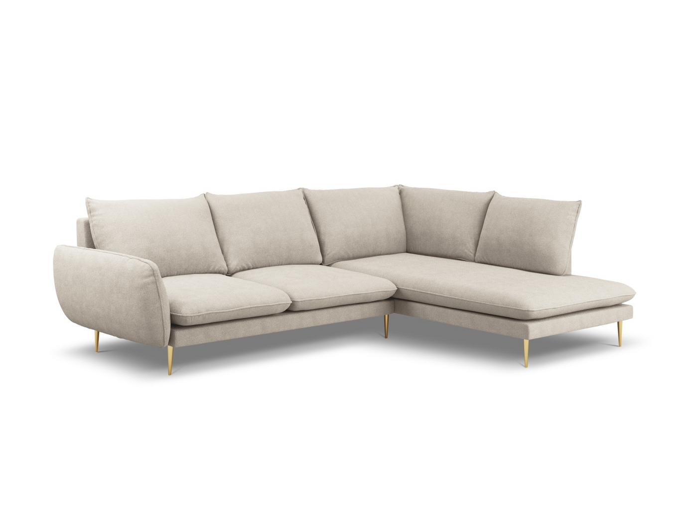 Cosmopolitan Design oikeakätinen kulmasohva, "Vienna", 6-istuttava, 275 × 185 × 95 cm, Positano, kullanväriset metallijalat