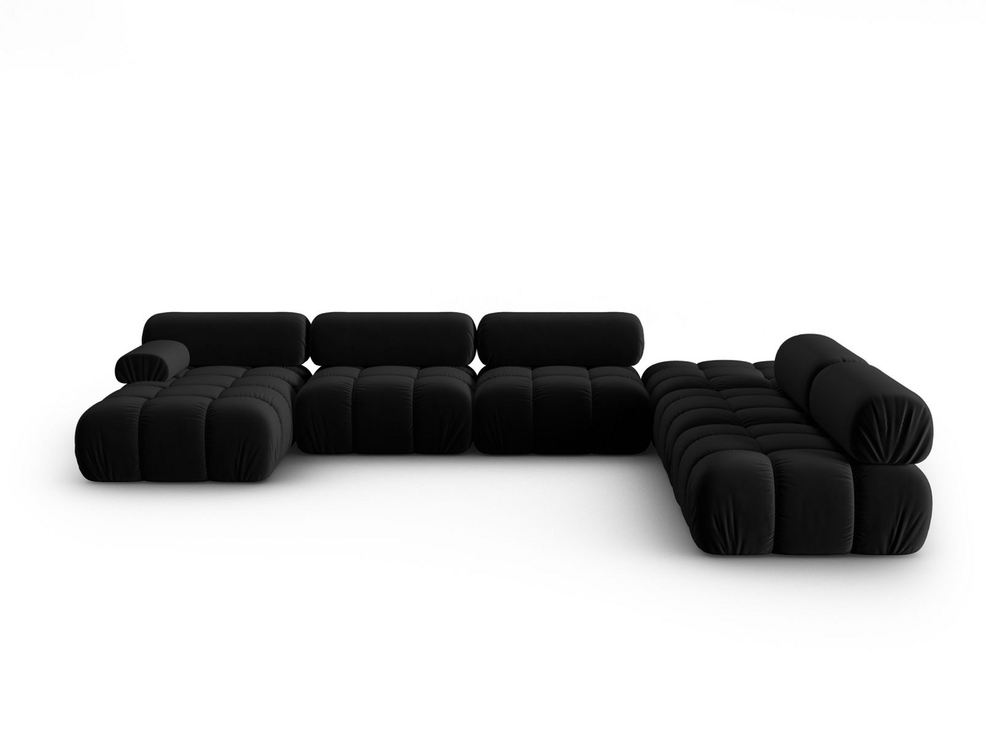 Cosmopolitan Design oikeakätinen samettipanoraamamoduulikulmasohva, "Cortina", 7-istuttava, 376 × 282 × 70 cm, Bluvel, mustat muovijalat