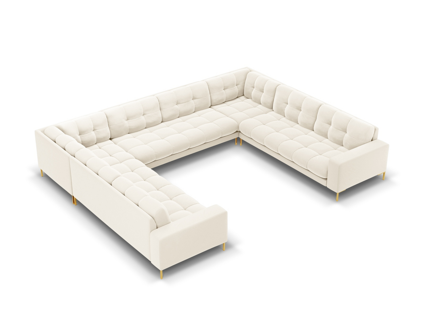 Cosmopolitan Design samettipanoraamasohva, "Bali", 9-istuttava, 327 × 256 × 75 cm, Bluvel, kullanväriset metallijalat