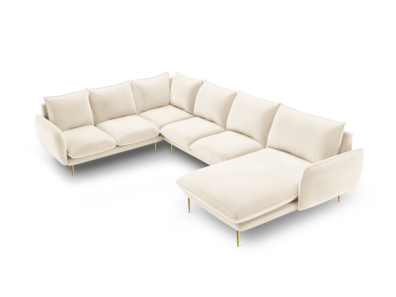 Cosmopolitan Design vasenkätinen samettipanoraamakulmasohva, "Vienna", 7-istuttava, 330 × 235 × 95 cm, Bluvel, kullanväriset metallijalat