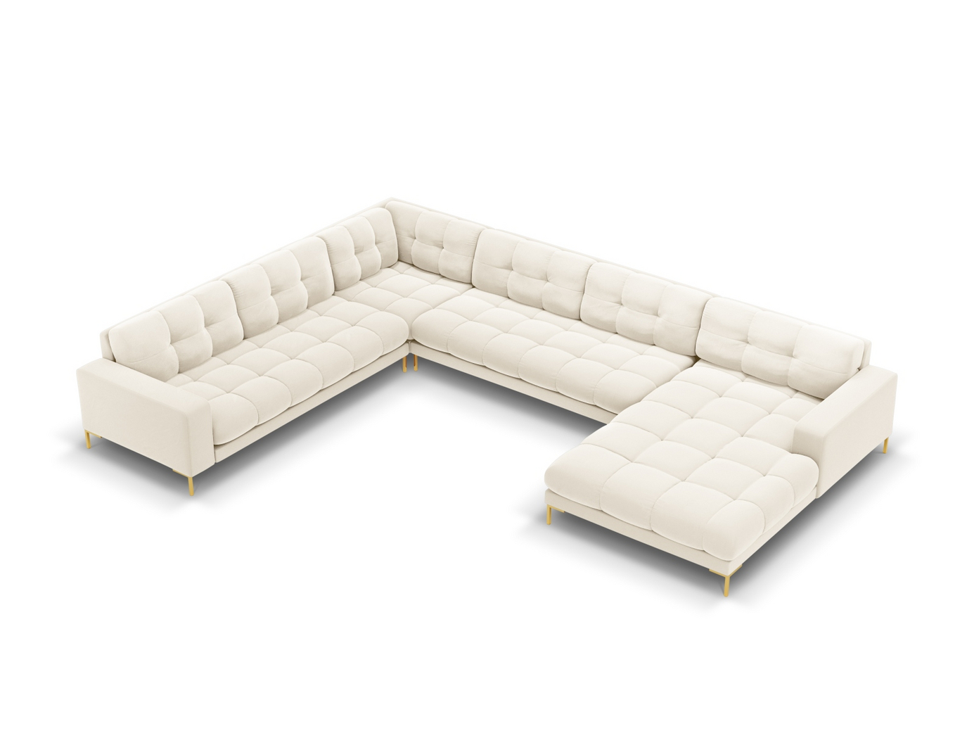 Cosmopolitan Design vasenkätinen samettipanoraamakulmasohva, "Bali", 7-istuttava, 327 × 256 × 75 cm, Bluvel, kullanväriset metallijalat