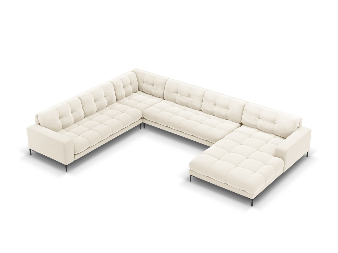 Cosmopolitan Design vasenkätinen samettipanoraamakulmasohva, "Bali", 7-istuttava, 327 × 256 × 75 cm, Bluvel, mustat metallijalat