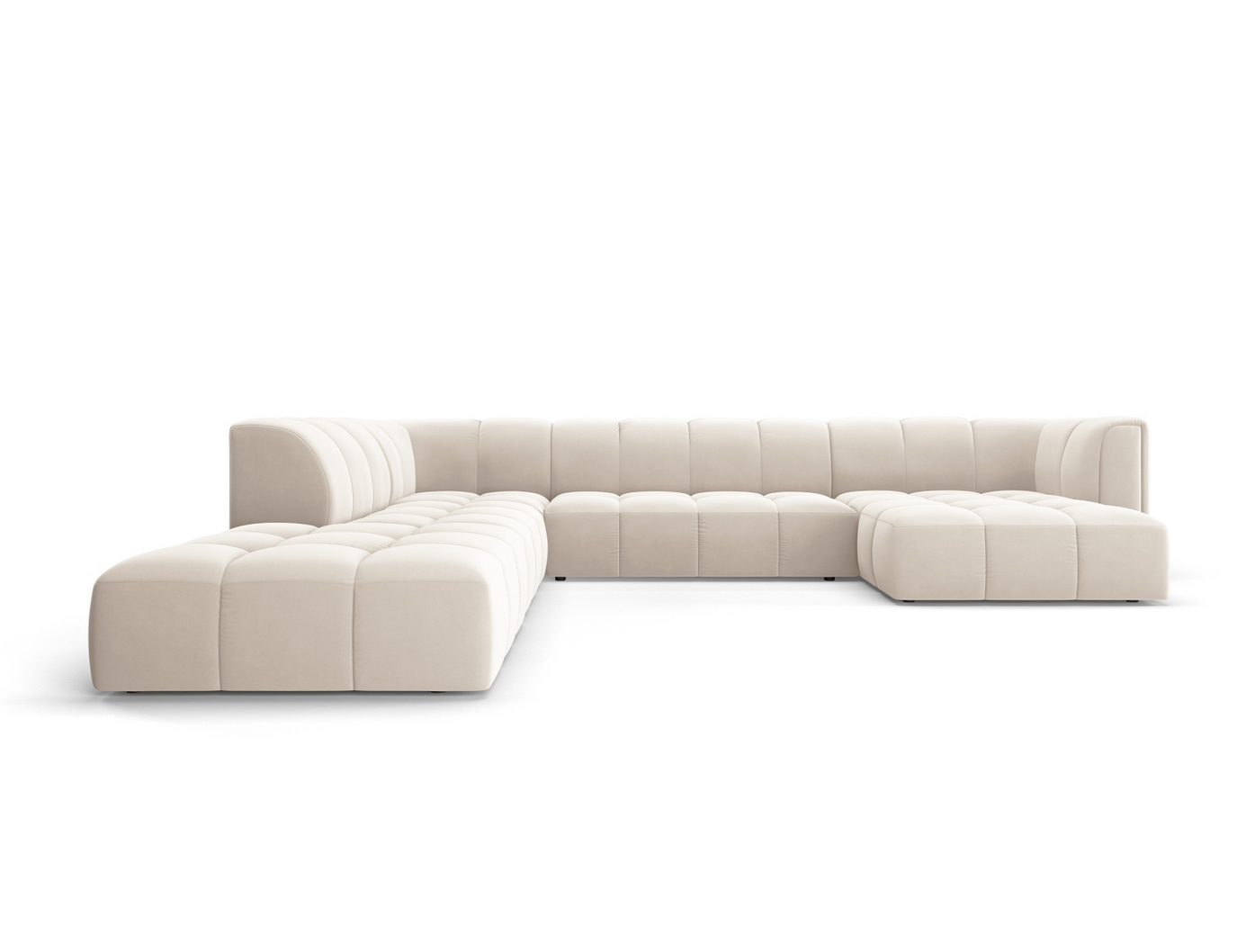 Cosmopolitan Design vasenkätinen samettipanoraamamoduulikulmasohva, "Moritz", 7-istuttava, 329 × 276 × 70 cm, Bluvel, mustat muovijalat