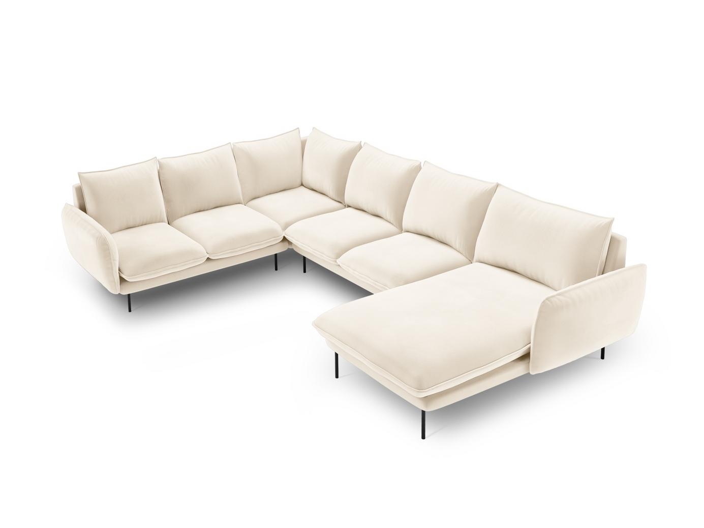Cosmopolitan Design vasenkätinen samettipanoraamakulmasohva, "Vienna", 7-istuttava, 330 × 235 × 95 cm, Bluvel, mustat metallijalat