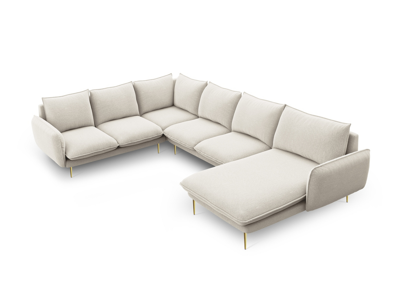 Cosmopolitan Design vasenkätinen panoraamakulmasohva, "Vienna", 7-istuttava, 330 × 235 × 95 cm, Positano, kullanväriset metallijalat