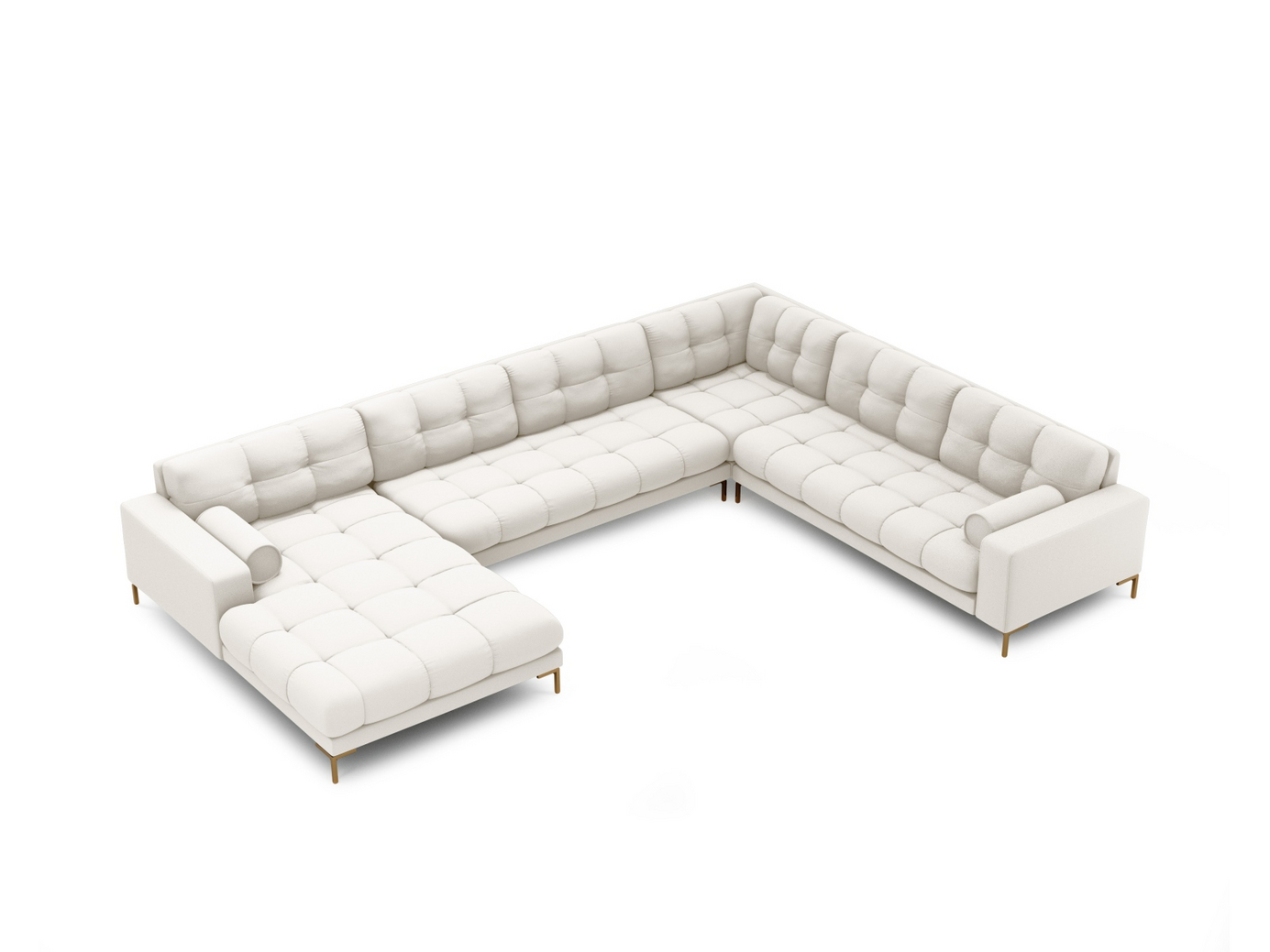 Cosmopolitan Design oikeakätinen panoraamakulmasohva, "Bali", 7-istuttava, 327 × 256 × 75 cm, Neve, kullanväriset metallijalat