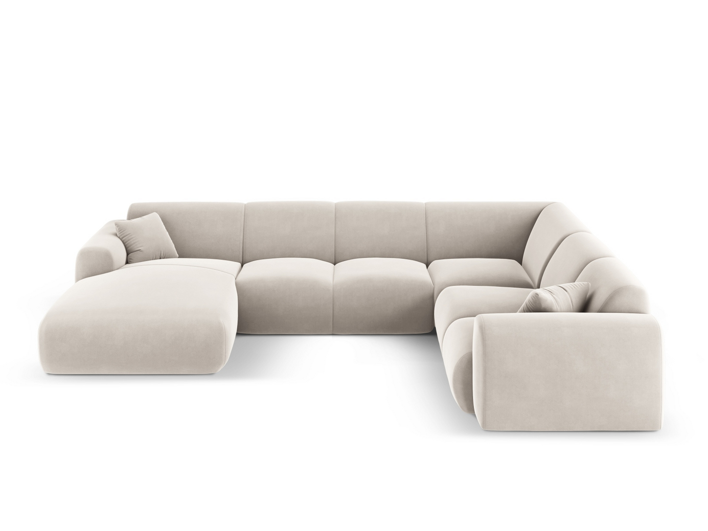 Cosmopolitan Design oikeakätinen samettipanoraamakulmasohva, "Nolio", 6-istuttava, 342 × 252 × 72 cm, Casino, mustat muovijalat