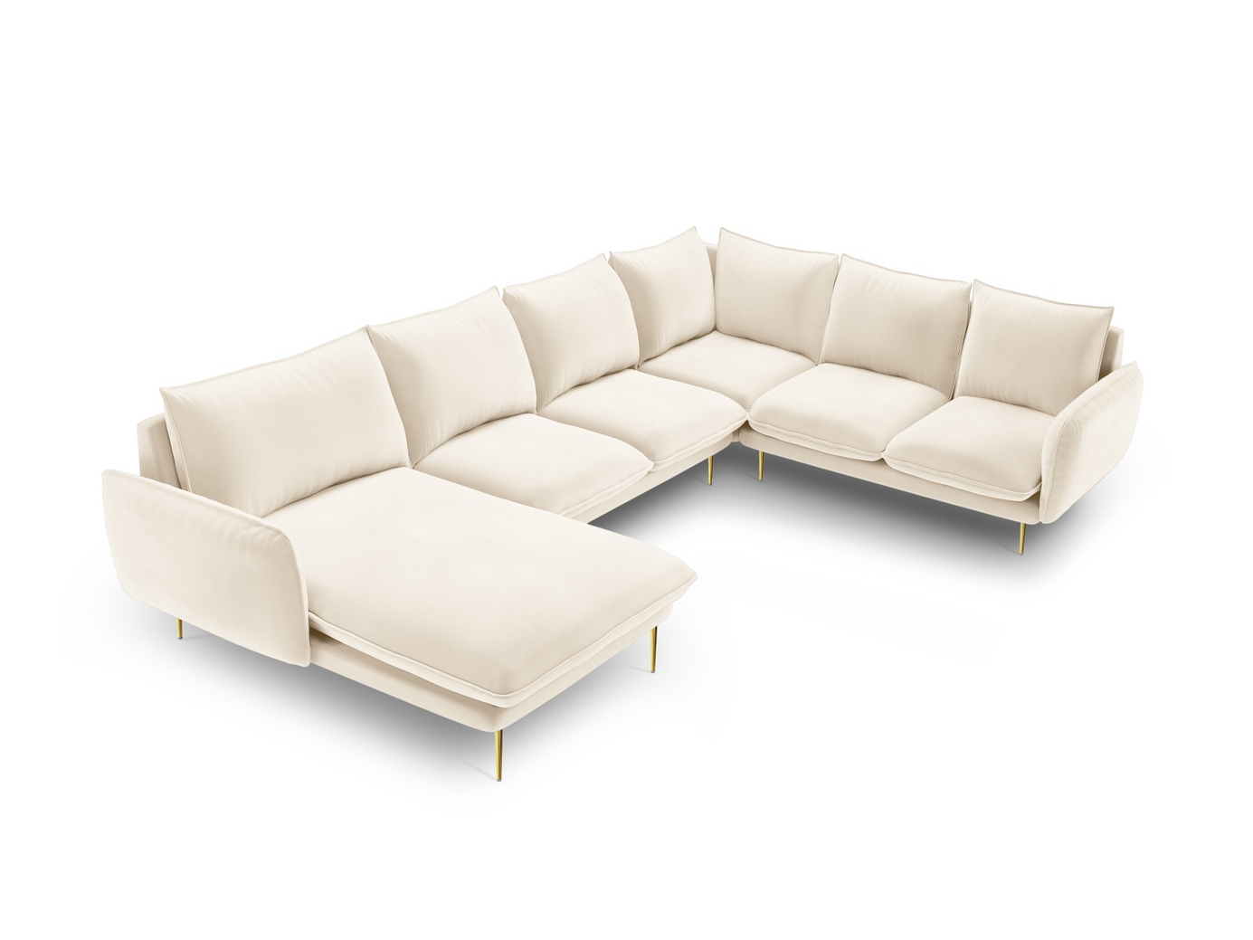 Cosmopolitan Design oikeakätinen samettipanoraamakulmasohva, "Vienna", 7-istuttava, 330 × 235 × 95 cm, Bluvel, kullanväriset metallijalat