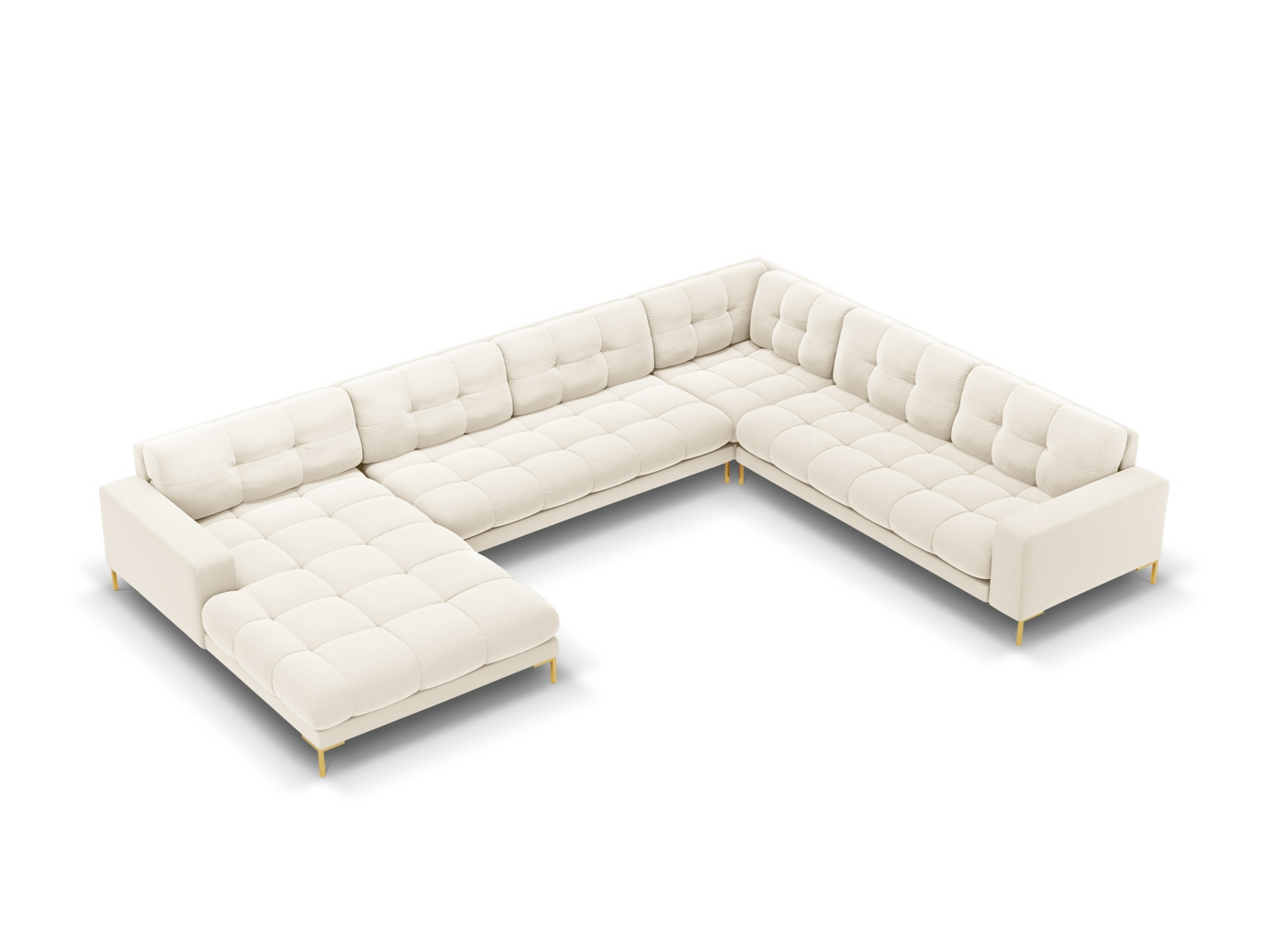 Cosmopolitan Design oikeakätinen samettipanoraamakulmasohva, "Bali", 7-istuttava, 327 × 256 × 75 cm, Bluvel, kullanväriset metallijalat