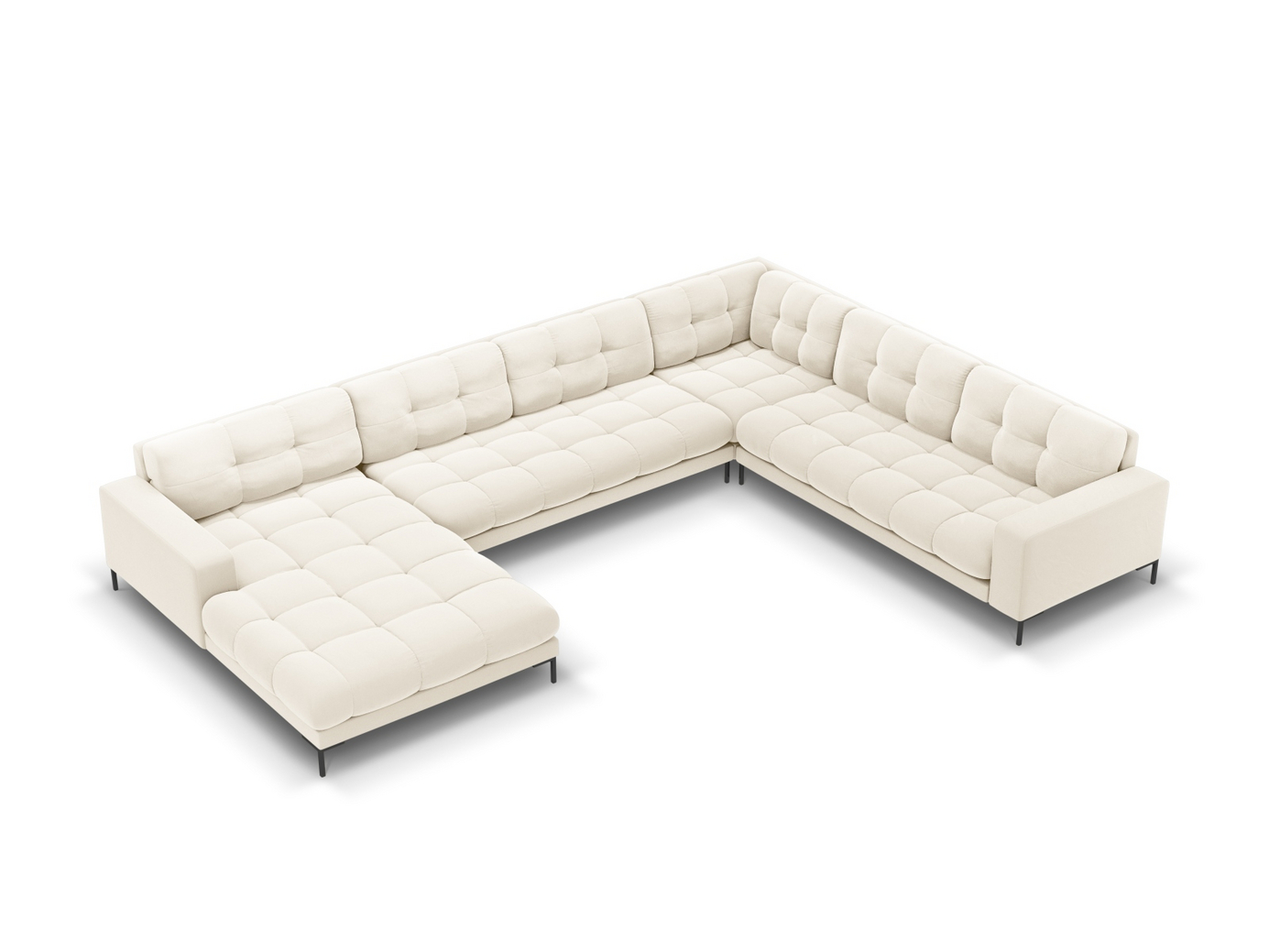 Cosmopolitan Design oikeakätinen samettipanoraamakulmasohva, "Bali", 7-istuttava, 327 × 256 × 75 cm, Bluvel, mustat metallijalat