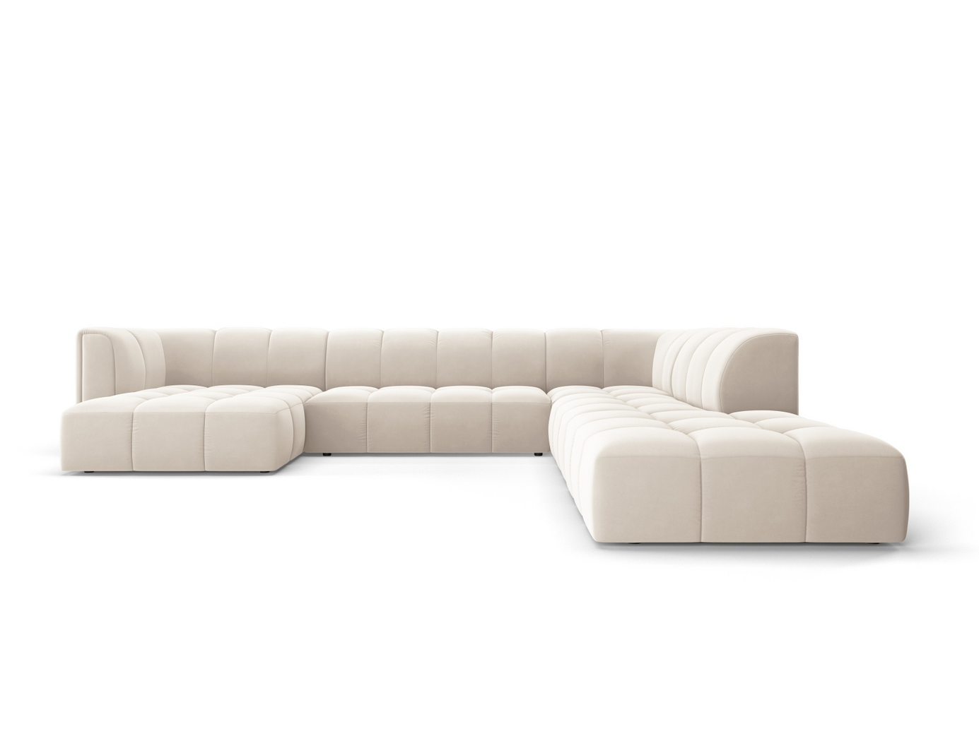 Cosmopolitan Design oikeakätinen samettipanoraamamoduulikulmasohva, "Moritz", 7-istuttava, 329 × 276 × 70 cm, Bluvel, mustat muovijalat