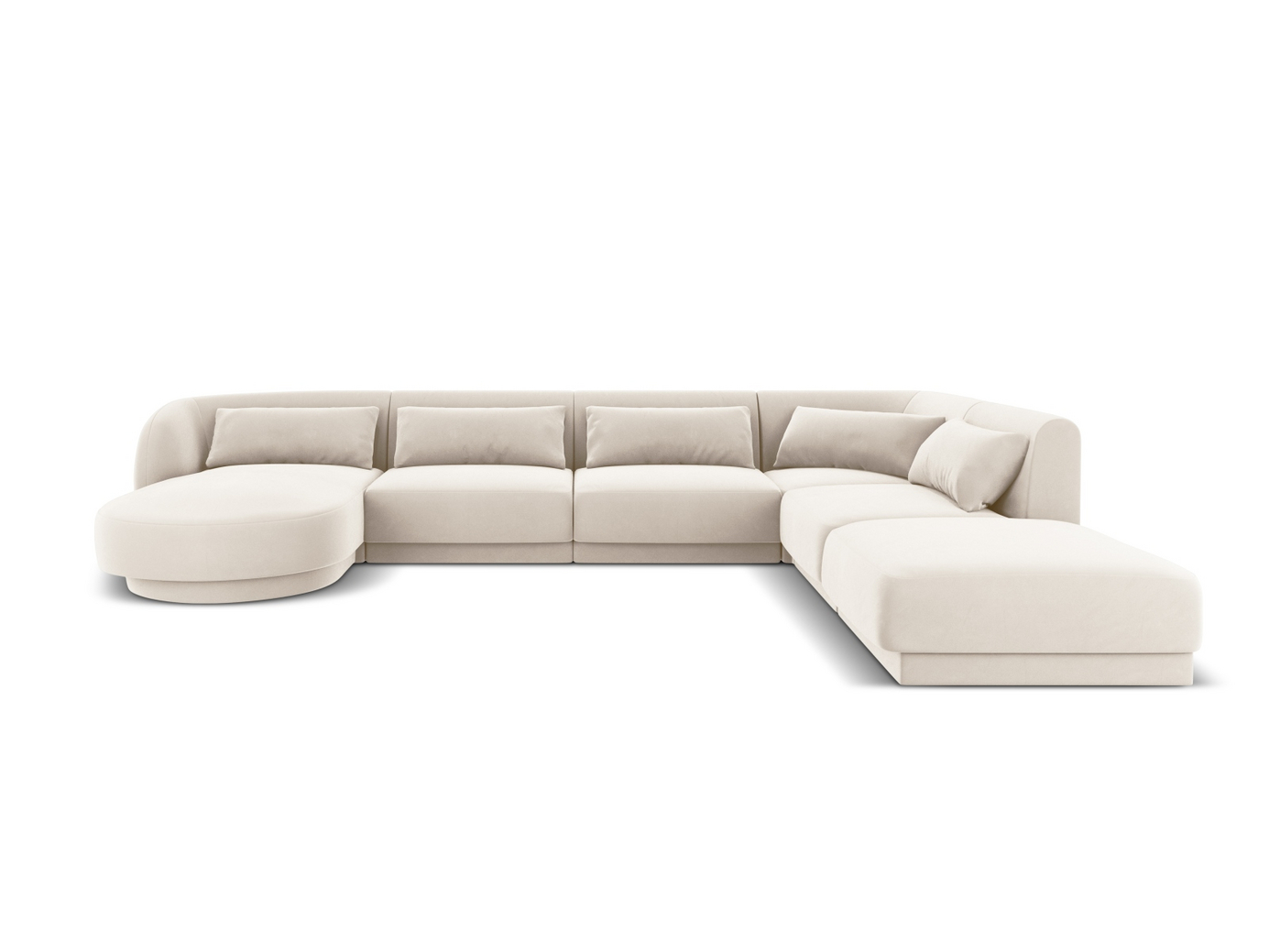 Cosmopolitan Design oikeakätinen samettipanoraamakulmasohva, "Tulum", 6-istuttava, 330 × 255 × 70 cm, Bluvel, mustat muovijalat