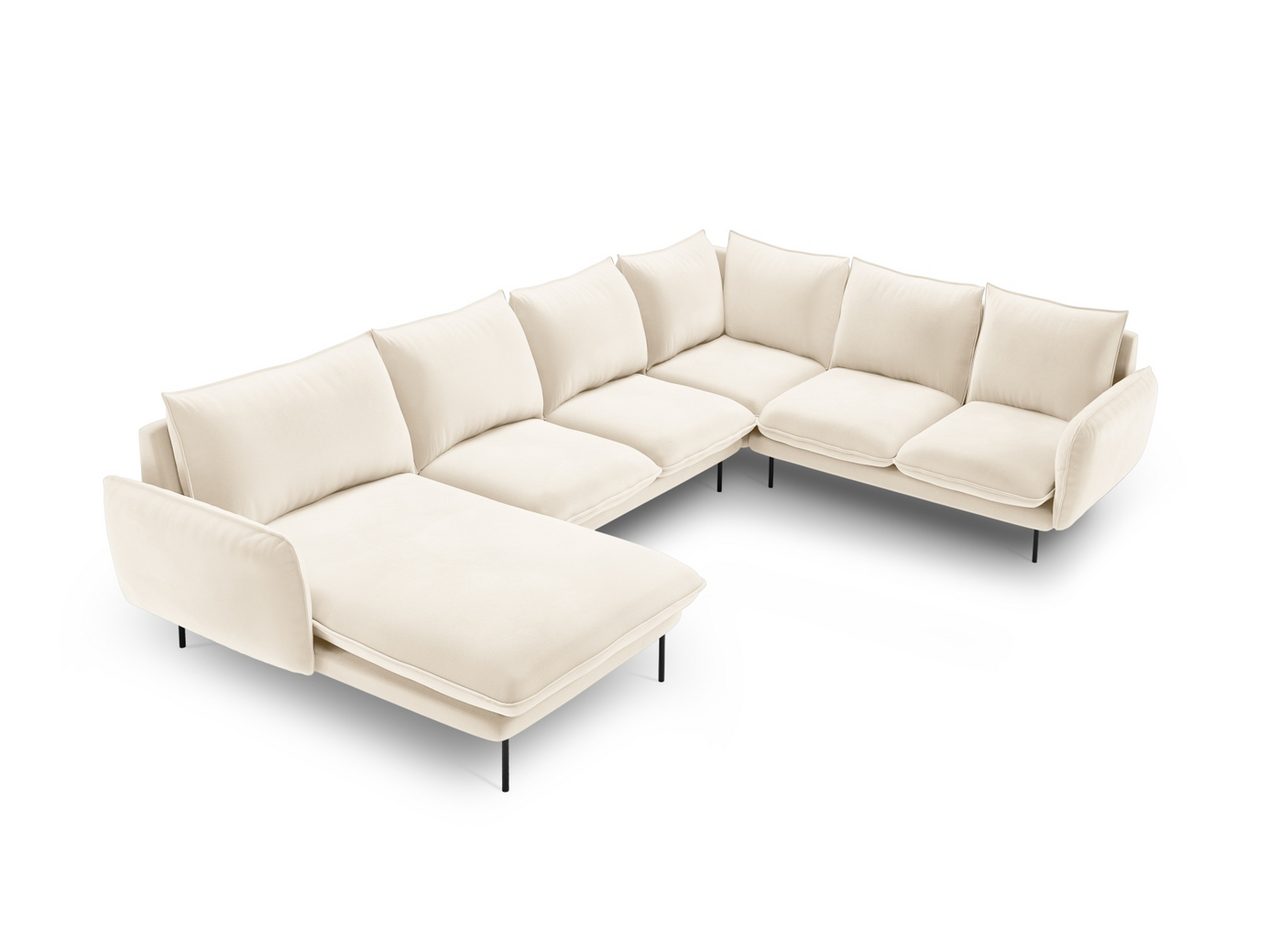 Cosmopolitan Design oikeakätinen samettipanoraamakulmasohva, "Vienna", 7-istuttava, 330 × 235 × 95 cm, Bluvel, mustat metallijalat