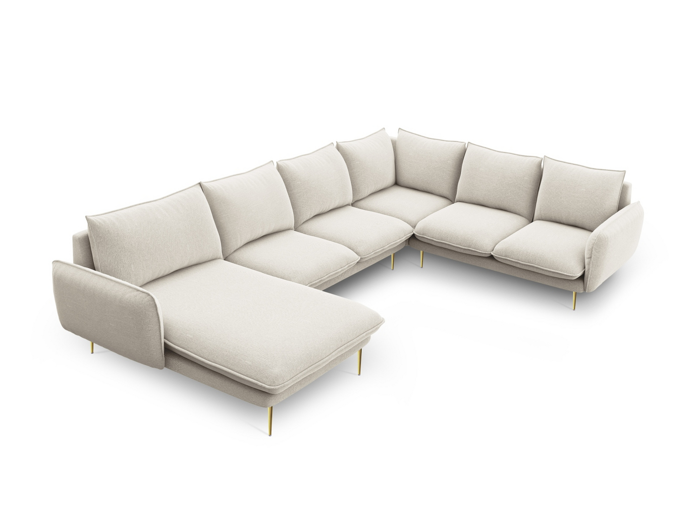 Cosmopolitan Design oikeakätinen panoraamakulmasohva, "Vienna", 7-istuttava, 330 × 235 × 95 cm, Positano, kullanväriset metallijalat