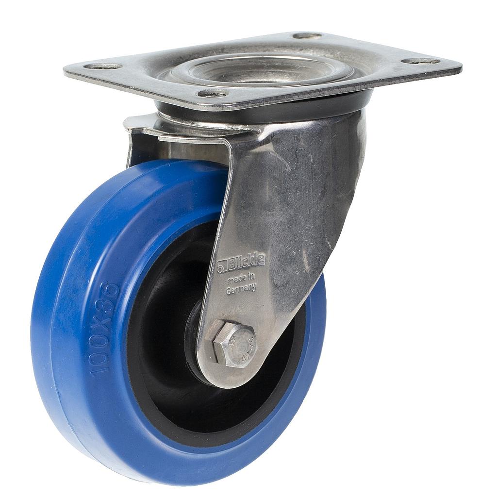 100 mm:n ruostumattomasta teräksestä valmistettu kääntyvä pyörä, jossa on sininen elastinen kumi nylonkeskipyörällä.