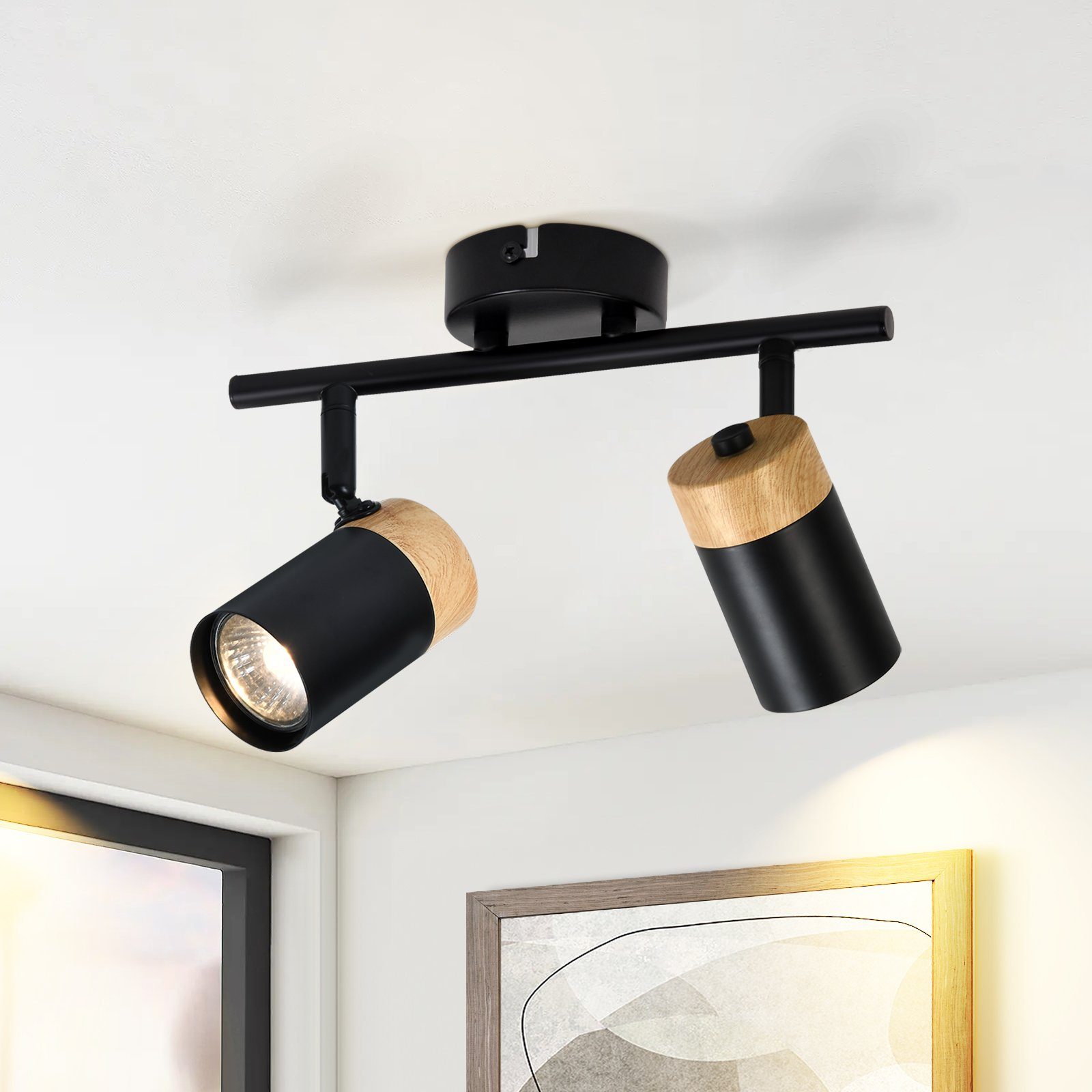 NETTLIFE - kattovalaisin, 2 mustaa puuspottia, GU10, LED säädettävä, 330°, eteiseen, autotalliin, olohuoneeseen Keittiöön, ilman, polttimoa