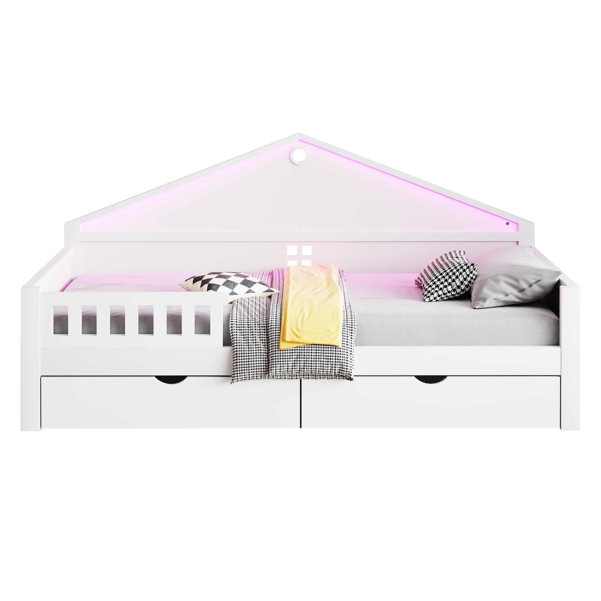 Lastensänky 90x200, yhden hengen, LED-nauhalla, laatikoilla ja säleillä, valkoinen