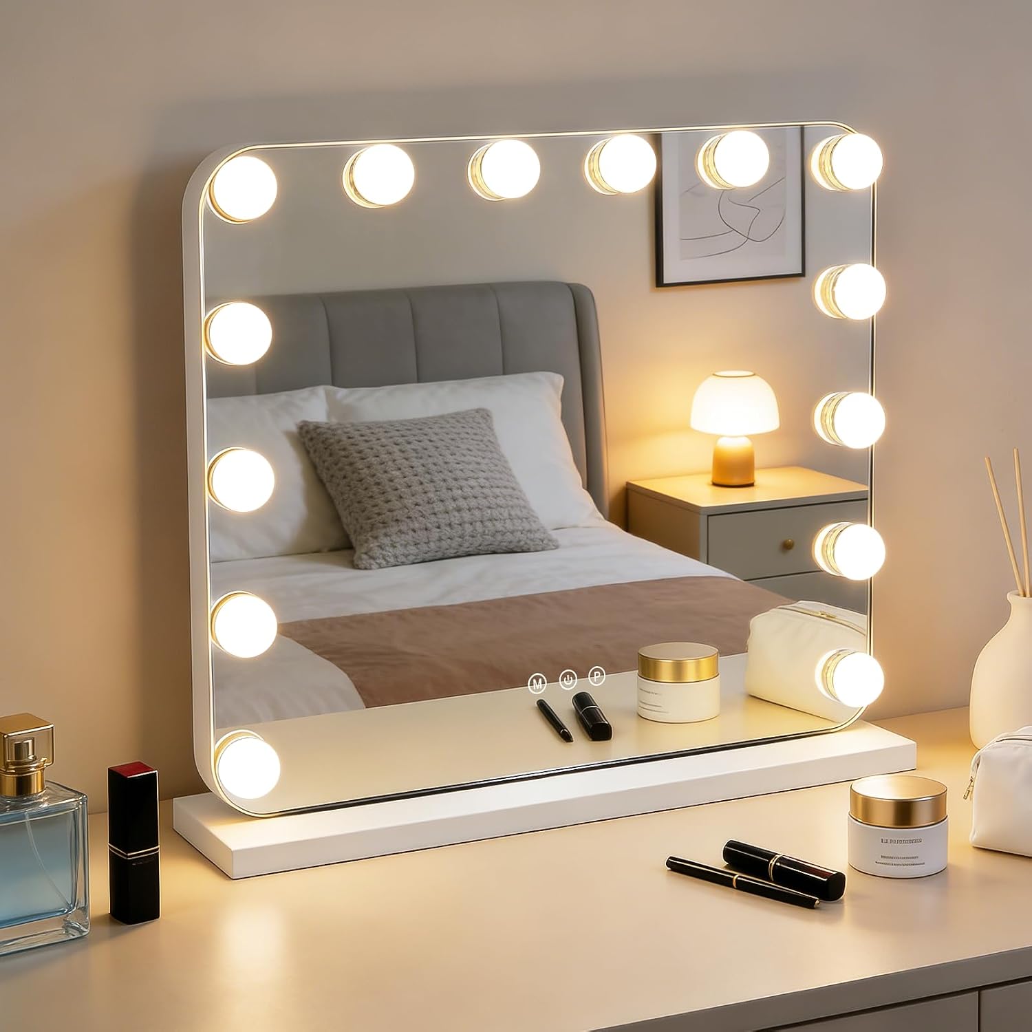 NETTLIFE Hollywood LED-meikkipeili 50x40cm, Kosketus- ja himmennettävä pöytäpeili, 3 valotilaa, Design-kosmetiikkapeili