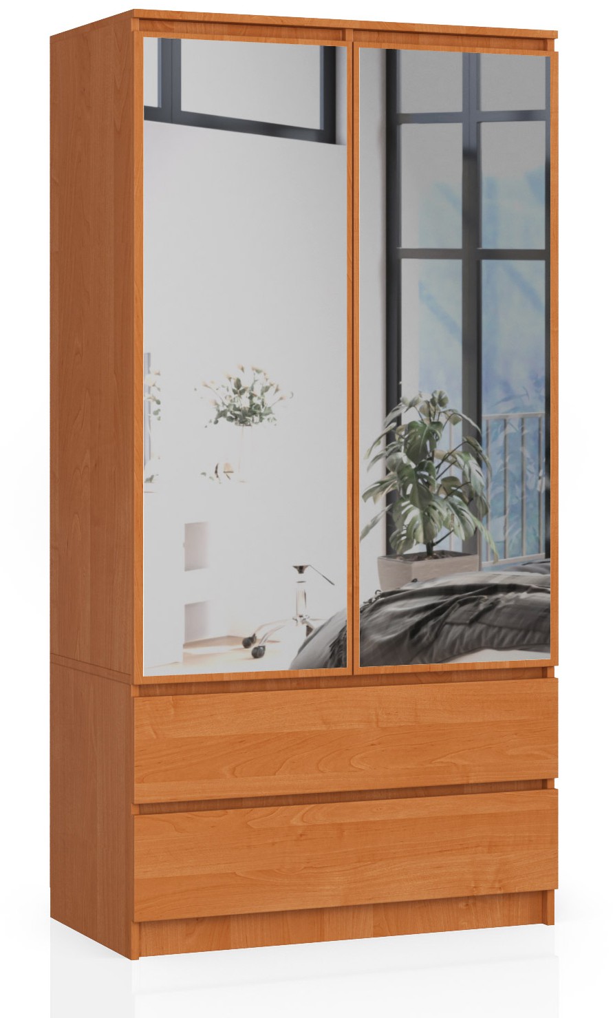 Akord Vaatekaappi 2-ovinen 2-laatikollinen 2-peilinen Leppä 90x51x180