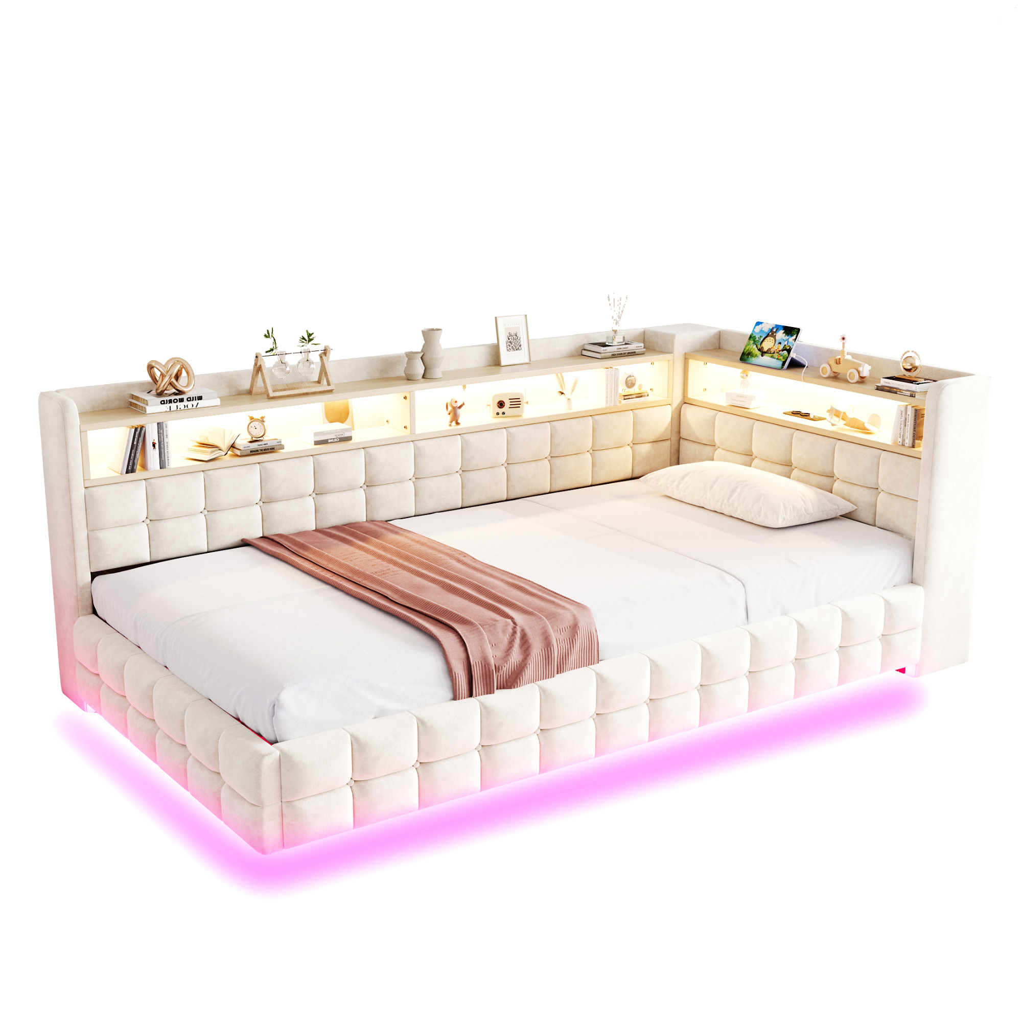 sänky 90x200 cm turva-aidat säilytystila LED-valaistus kermanvärinen kangas