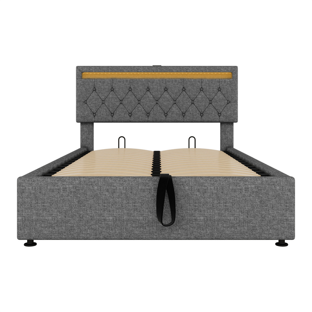Verhoiltu Sänky 140 x 200 cm, Harmaa, Hydraulinen + Tunnelmavalaistus + Kaukosäädin + USB/Type-C