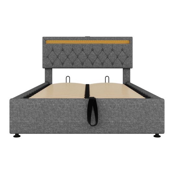 Verhoiltu Sänky 140 x 200 cm, Harmaa, Hydraulinen + Tunnelmavalaistus + Kaukosäädin + USB/Type-C