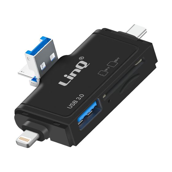SD-, microSD-, USB 3.0 -kortinlukija ja USB-, USB-C-, Lightning-, micro-USB-ulostulo