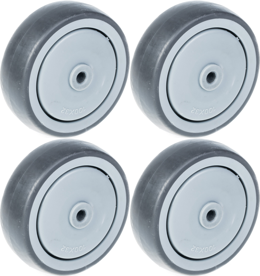 100 mm:n (4 tuuman) pyörät, harmaa kumi ja muovinen keskiosa, kestävä, kantavuus 440 kg, 4 kpl:n sarja