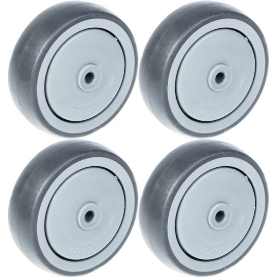 100 mm:n (4 tuuman) pyörät, harmaa kumi ja muovinen keskiosa, kestävä, kantavuus 440 kg, 4 kpl:n sarja